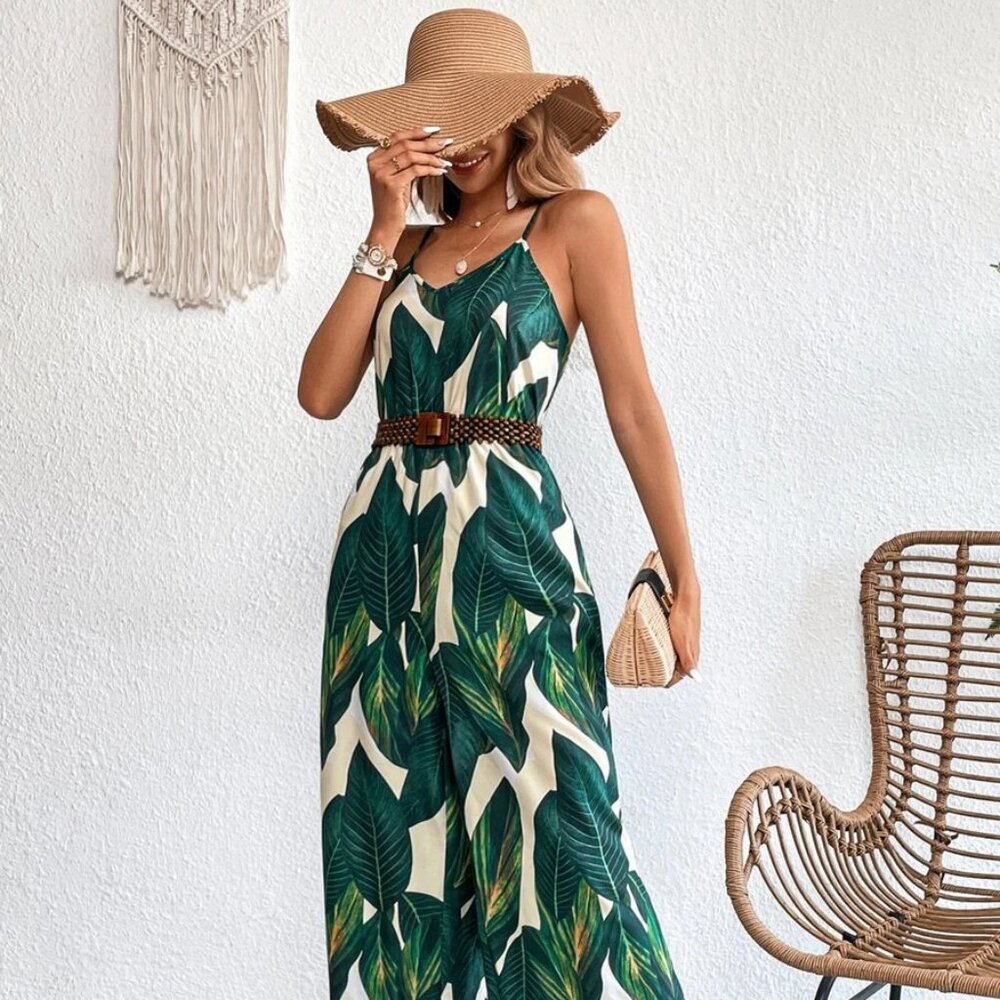 Tropical Print Wide Leg Jumpsuit Size XL